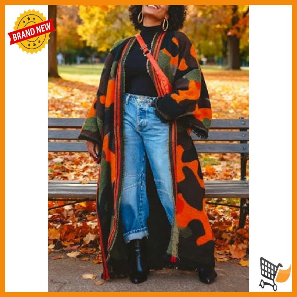 Long Camo Cardigan Poncho Fringe Knit Sweater Maxi Cape Duster - Picture 5 of 8